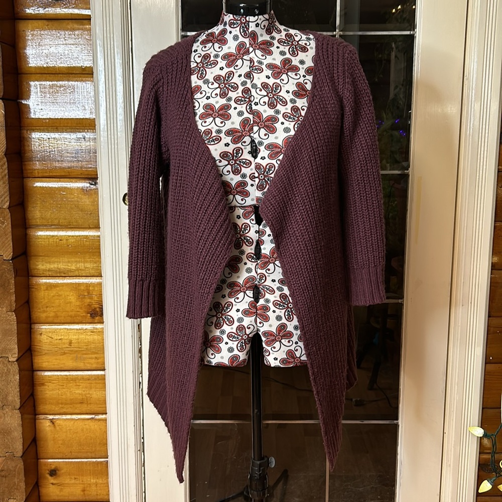 Lux Plum Purple Open Front Draped Cardigan Sweater M